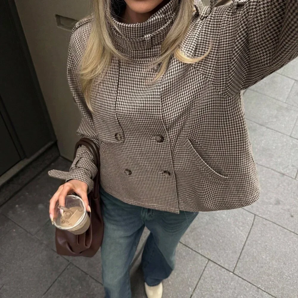 Khaki Chic Women's Loose Houndstooth Jacket